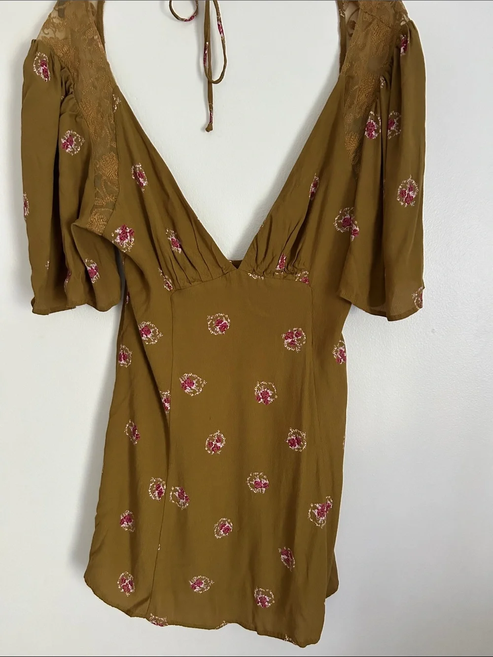 Free People Brown Comb Floral Deep V Mini Dress